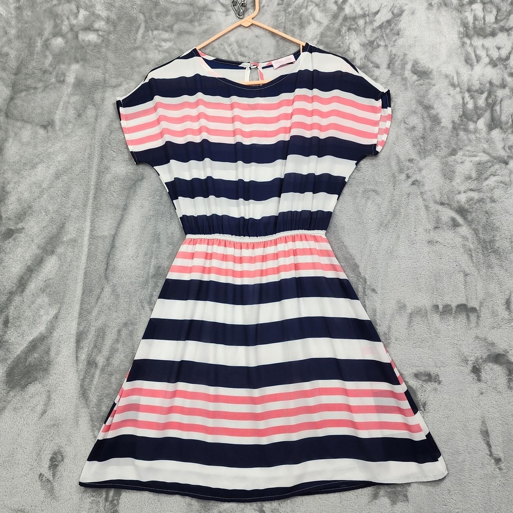 Pink Lily Dress Womens M Pink Blue Striped Fit&Flare Short Sleeve Elastic Waist‎